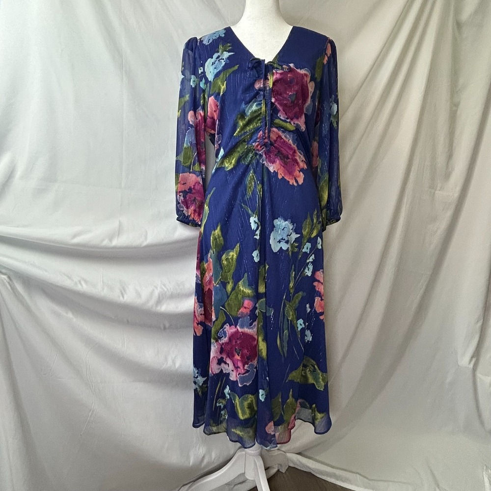 Julia Jordan Dress Women 2 Blue Georgette Chiffon Floral Ruched Front Tie Detail